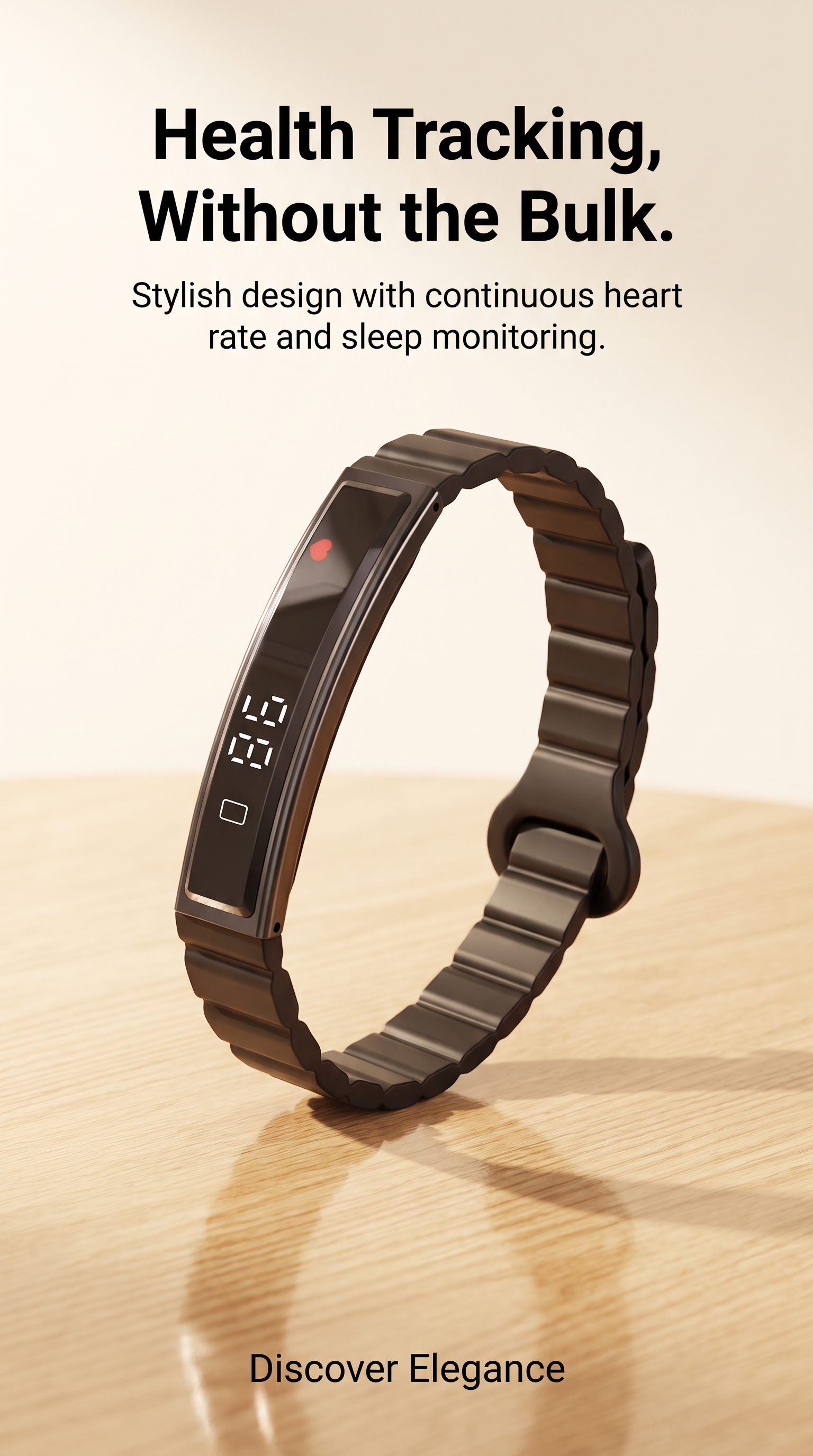 A dark brown minimalist smartwatch band with a digital display, shown standing on a light wooden surface against a warm beige background. Text at the top reads 'Health Tracking, Without the Bulk.