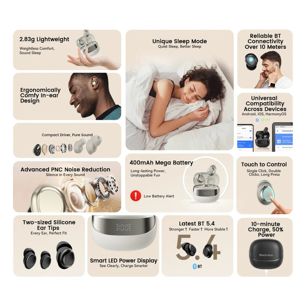 Briotik Wireless Earbuds — Touch Control, Bluetooth 5.4
